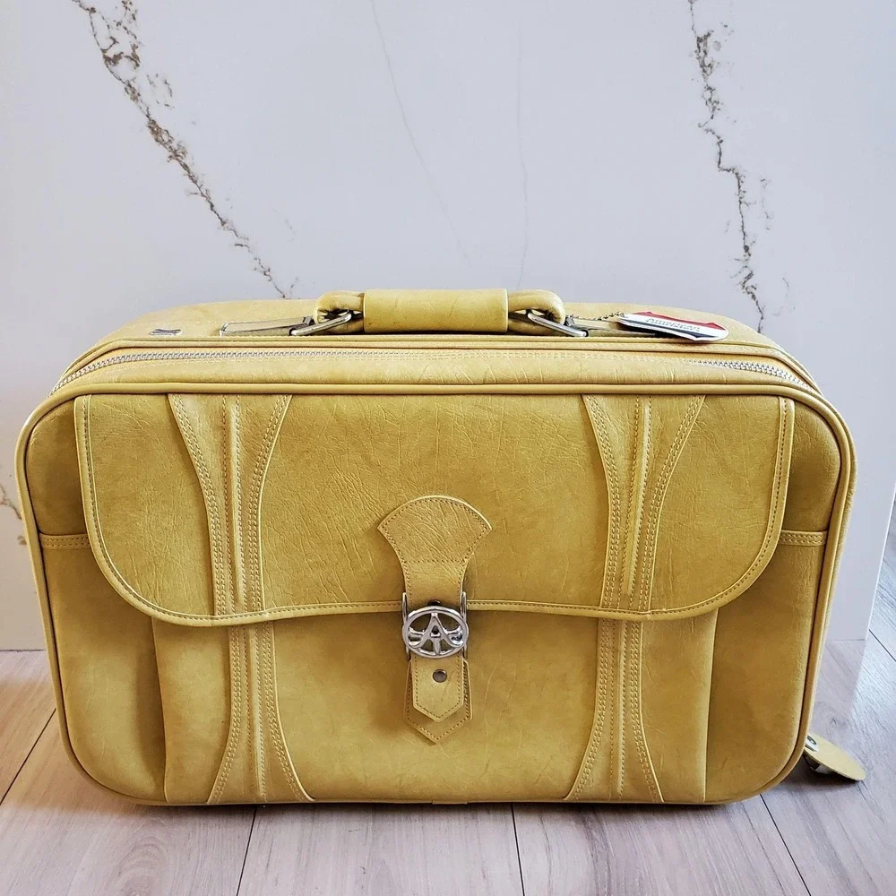 Vintage American Tourister Yellow Vinyl 2 Piece Soft Luggage Set Suitcases 1970s